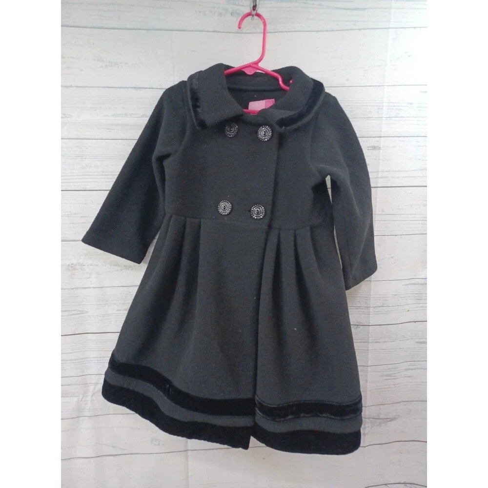 Goodlad Girls Black Dress Pea Coat Sz 4T Faux Fur Collar Velvet Trim Fleece